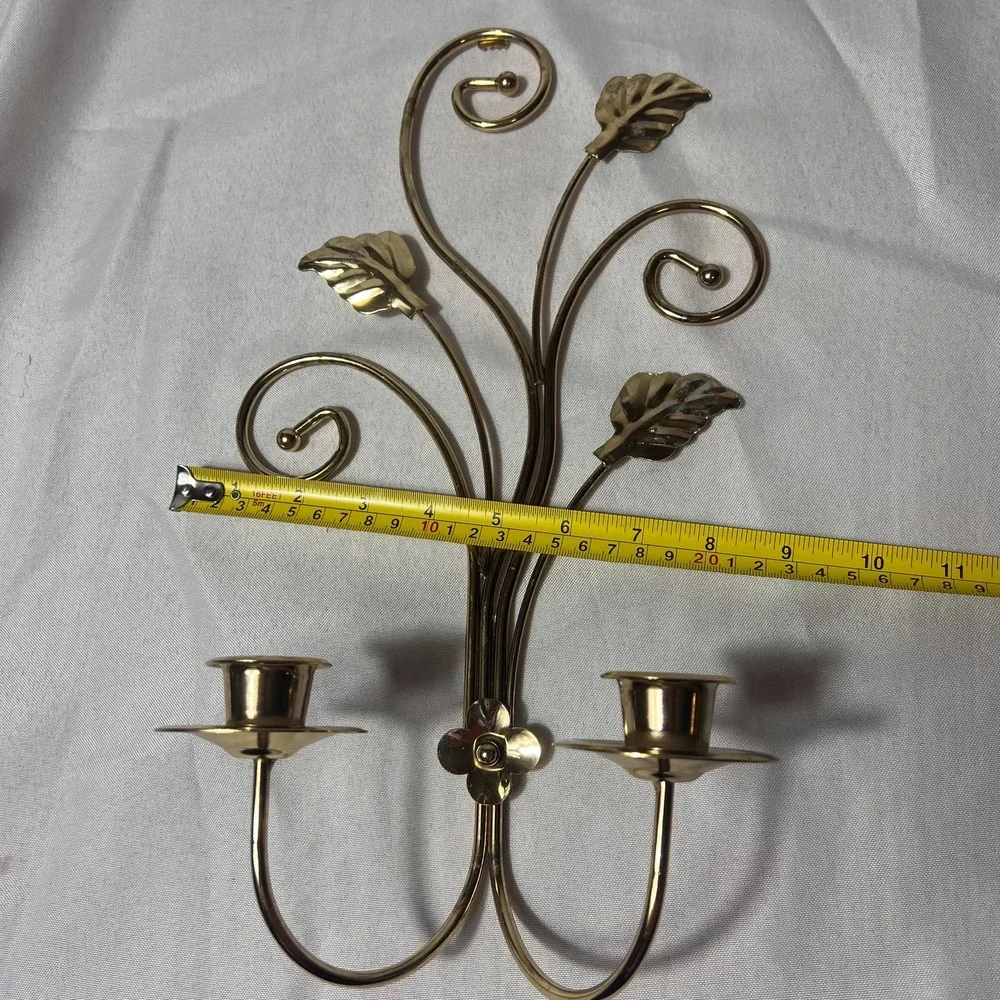 Vintage Brass Wall Sconce Double Candle Holder Leaf Scroll Hollywood Regency